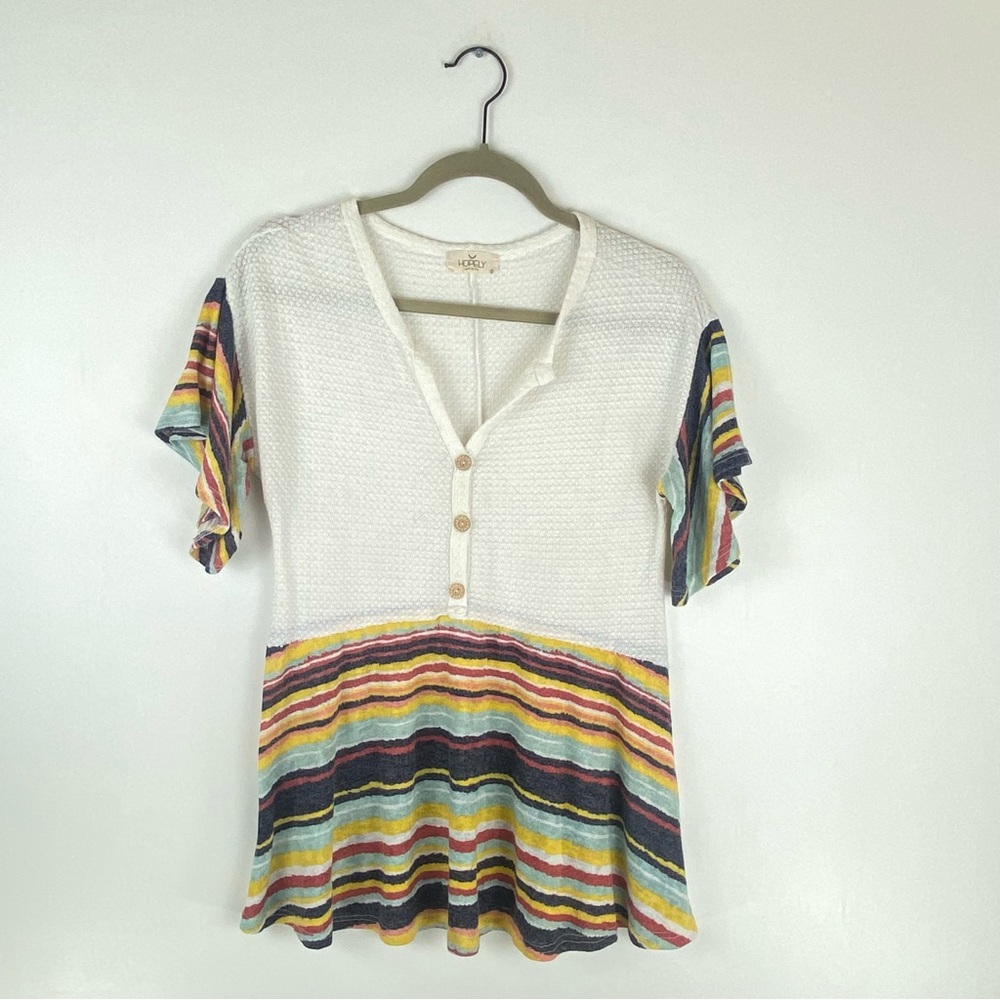 Hopely Womens Small Blouse Tunic Stripe Flare Short Sleeve Babydoll White Red